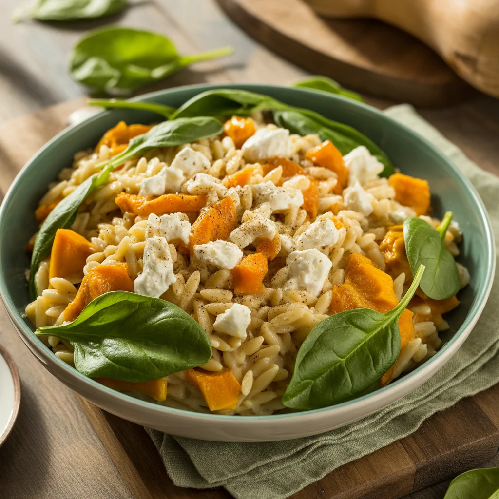Creamy orzo with roasted butternut squash and wilted spinach in a bowl.