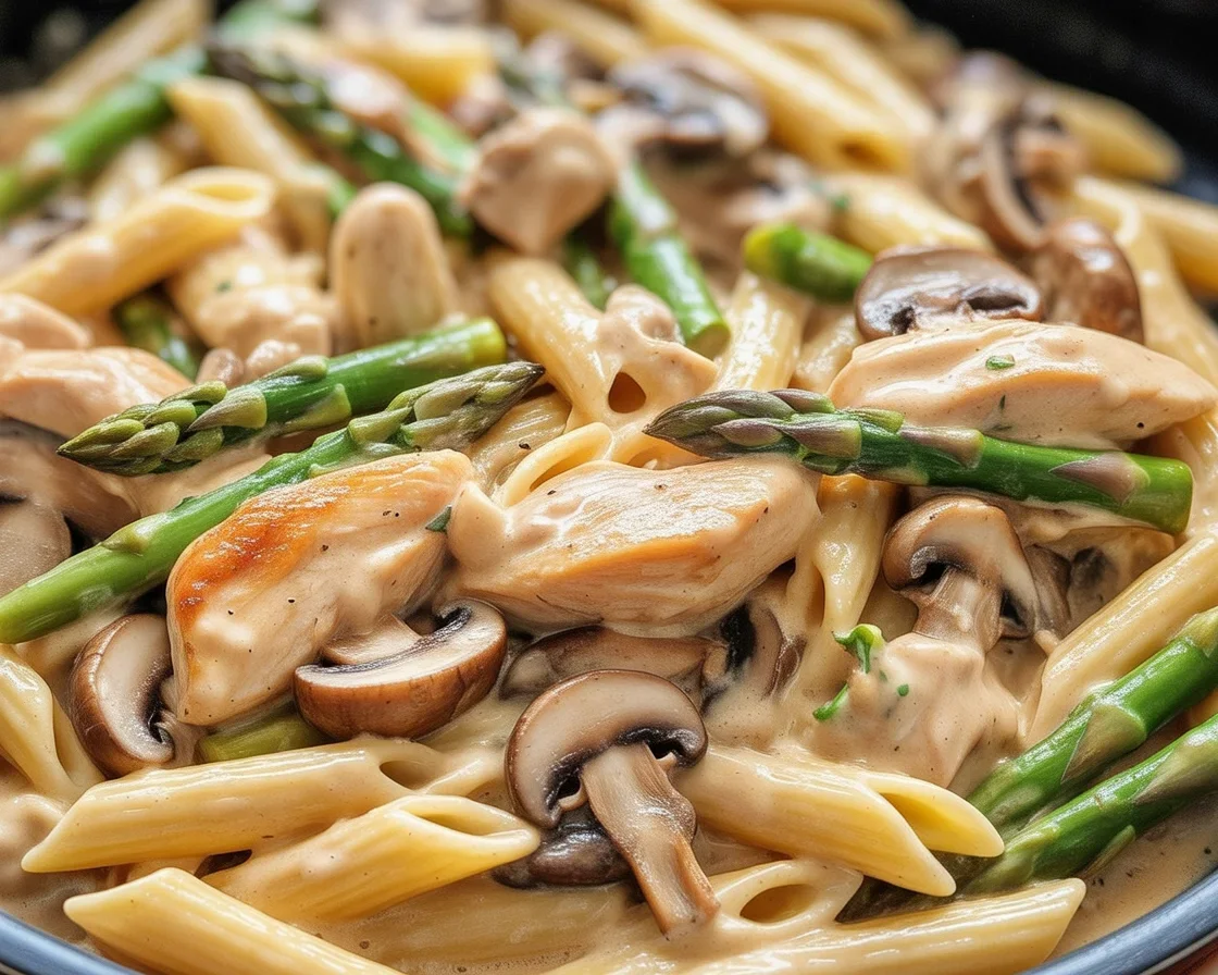 Creamy mushroom and asparagus chicken penne with tender chicken and rich sauce