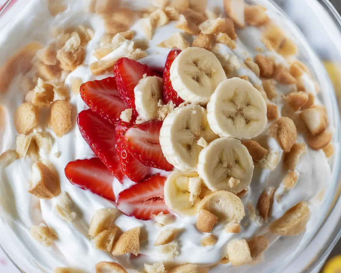 Delicious strawberry and banana pudding dessert layered with fresh fruit and vanilla wafers.