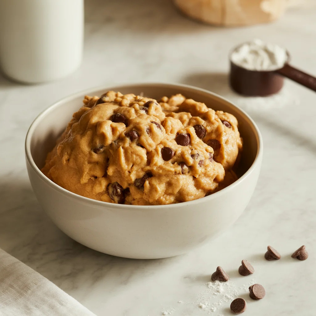 Healthy Greek yogurt cookie dough with chocolate chips and peanut butter.