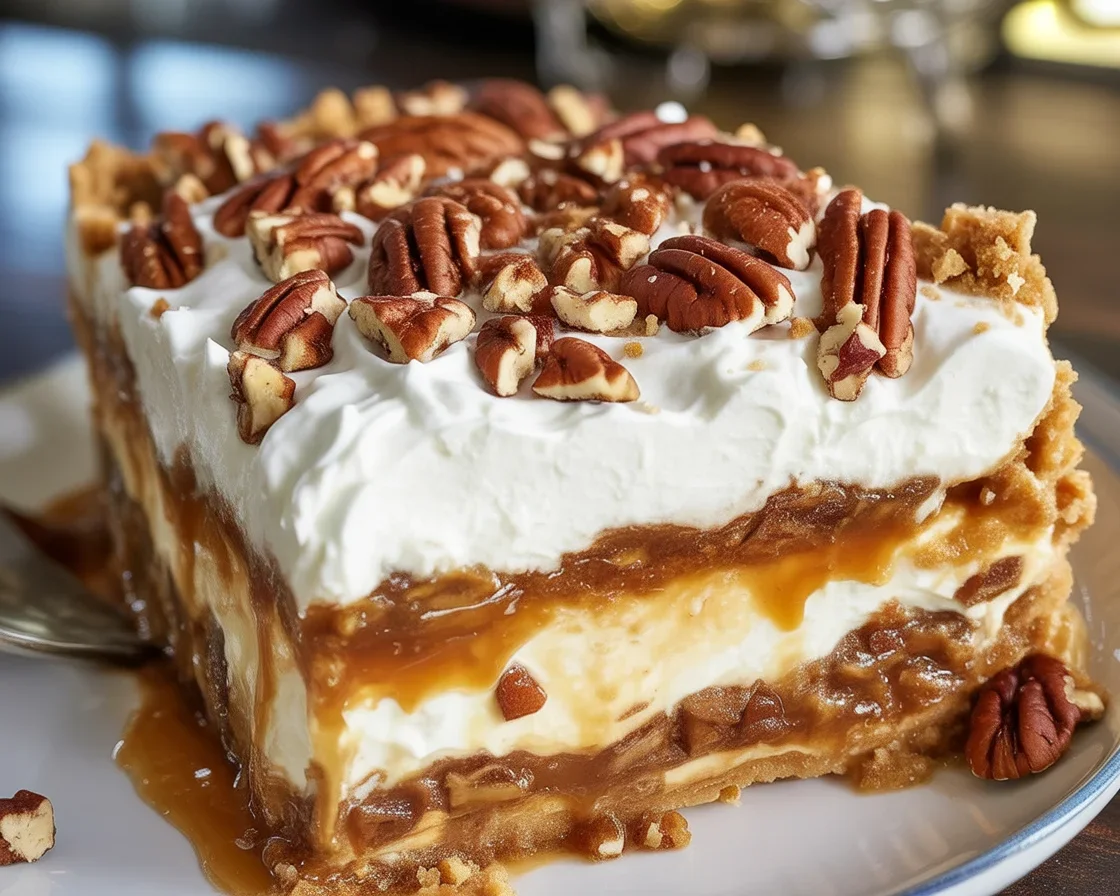 No-bake pecan pie lasagna layered dessert with graham cracker crust and cream filling.