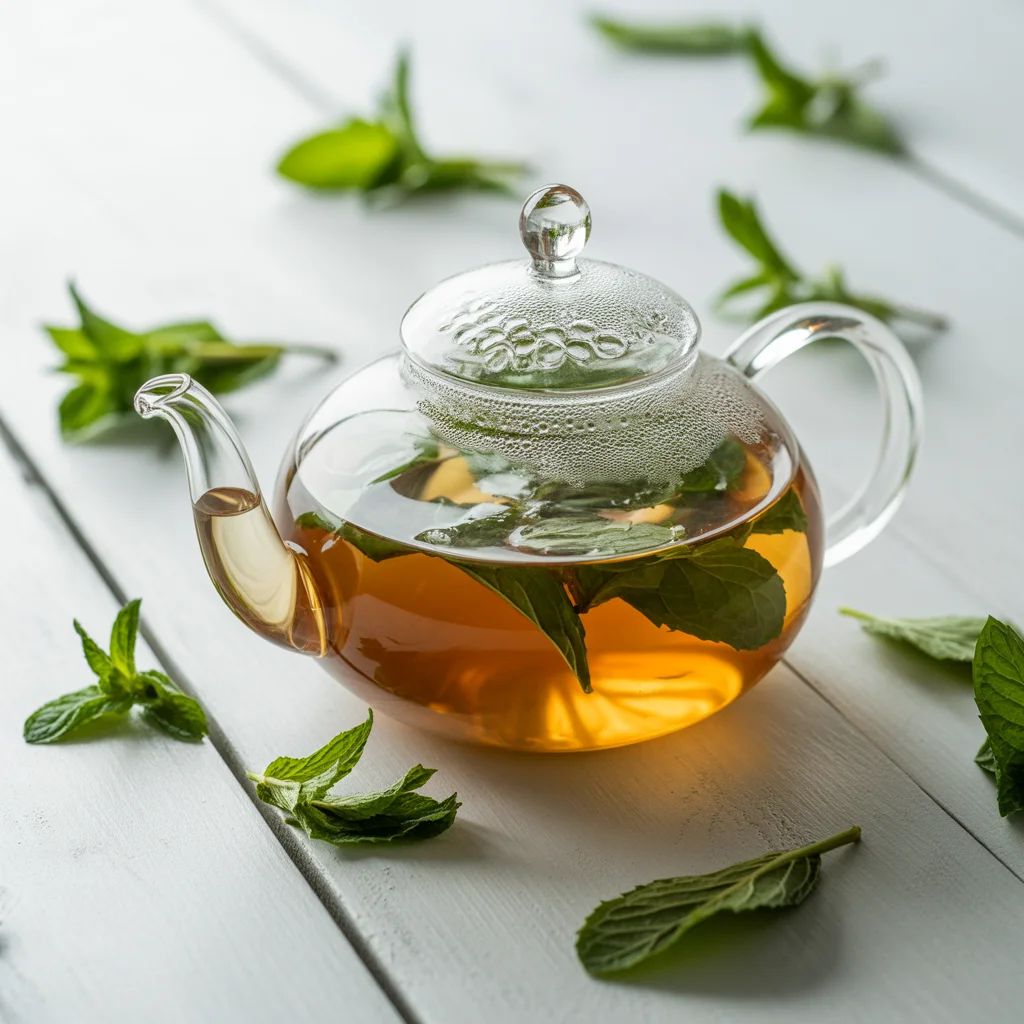 Glass of hot lemon balm tea with lemon slices and fresh herbs