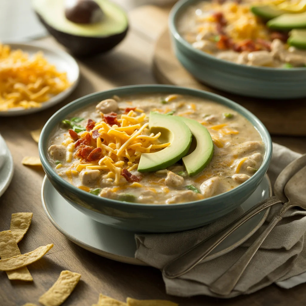 Bowl of Mexican Street Corn White Chicken Chili garnished with cilantro and cheese.