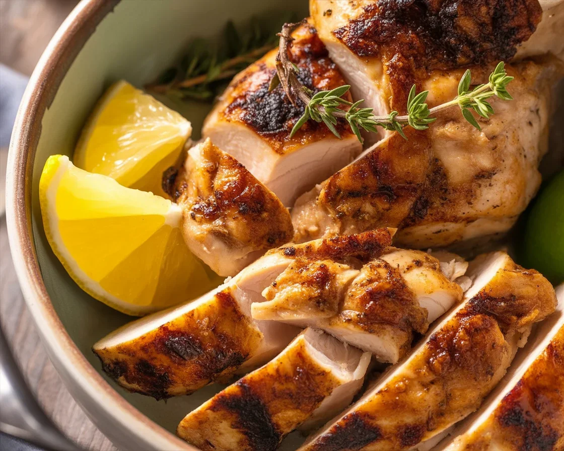Delicious grilled chicken breasts seasoned with garlic and herbs on a barbecue grill.