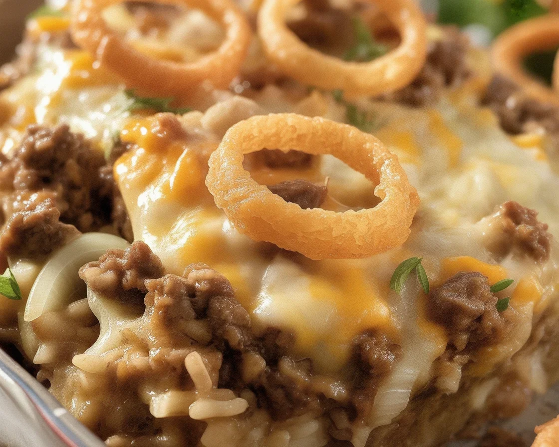 French onion ground beef and rice casserole beautifully baked in a casserole dish.