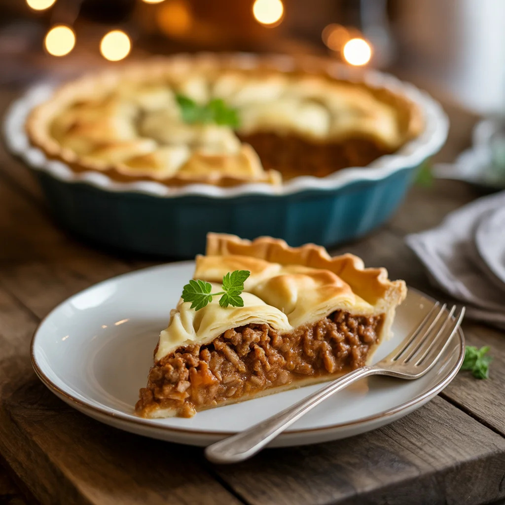 A hearty ground beef and rice pie served on a rustic plate, showcasing a delicious meat crust.