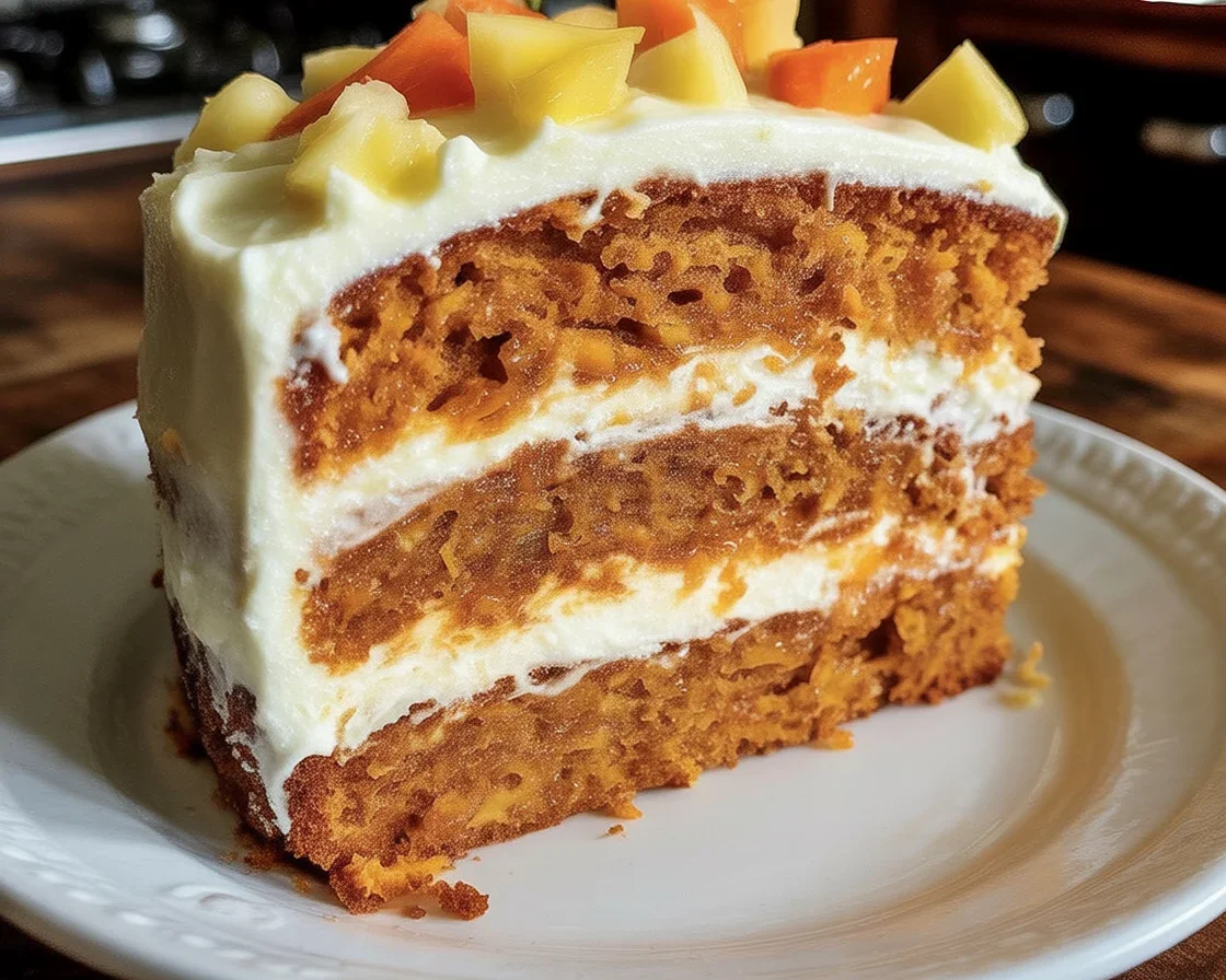 Sliced Hawaiian Carrot Pineapple Cake topped with cream cheese frosting and fresh pineapple.