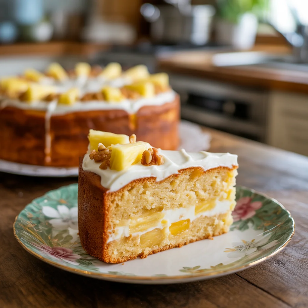 Hawaiian pineapple cake with cream cheese frosting topped with pineapple slices