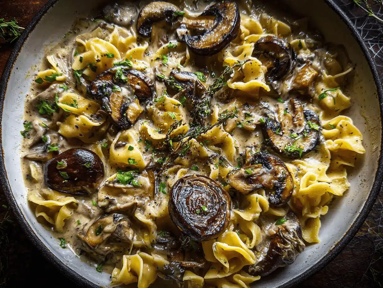 creamy Halloween mushroom stroganoff preparation steps