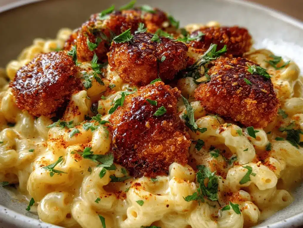 creamy honey pepper chicken mac and cheese - featured image