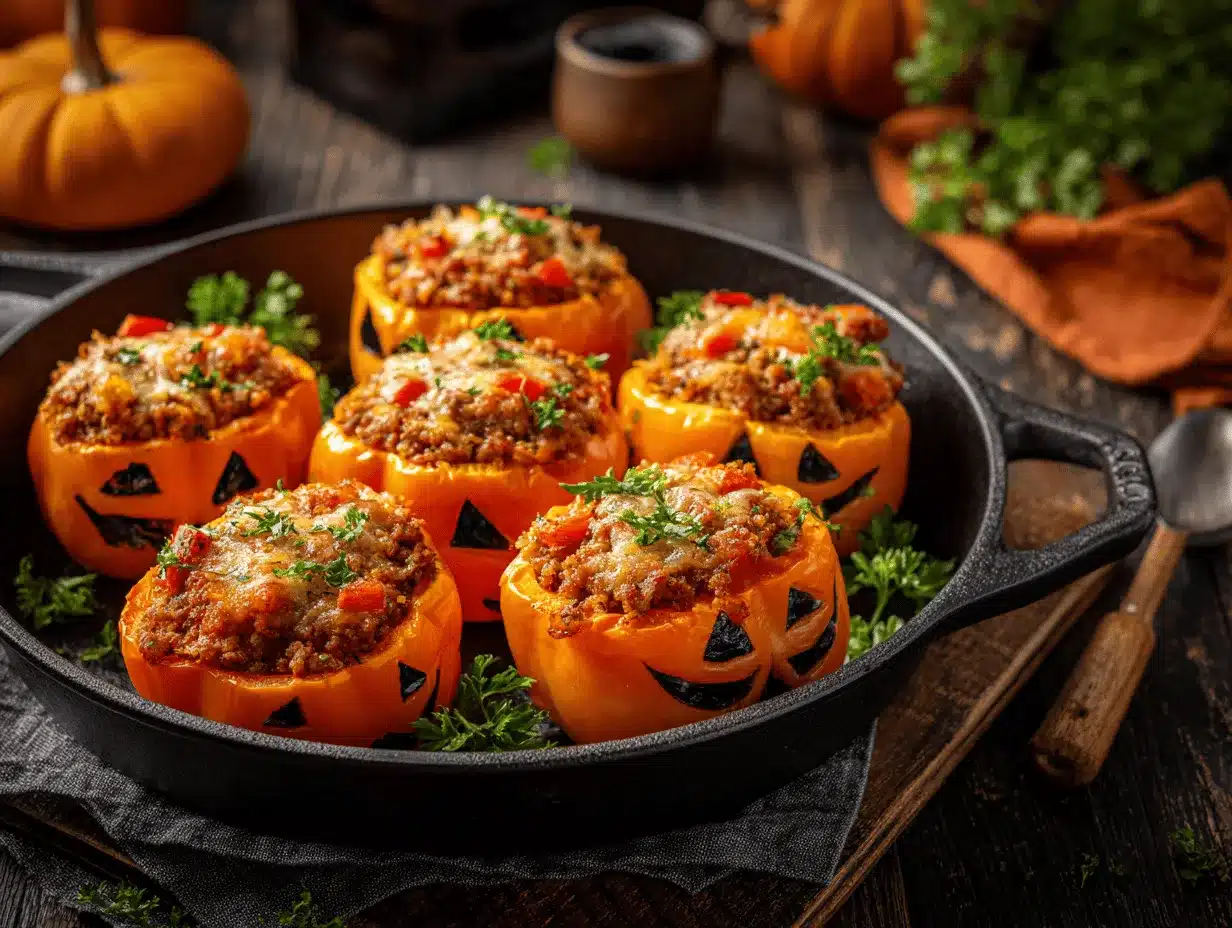 Halloween Jack-O-Lantern Stuffed Peppers preparation steps