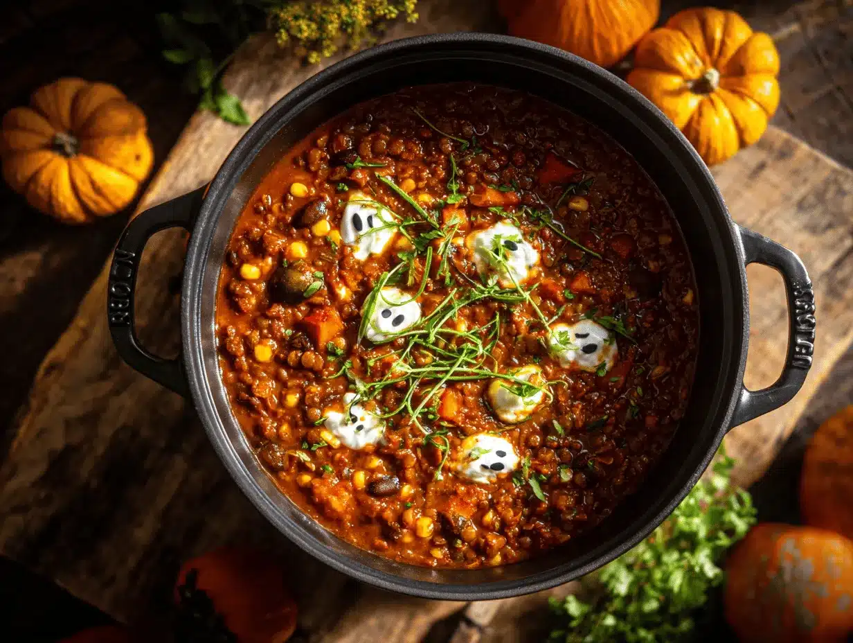 Halloween lentil chili preparation steps