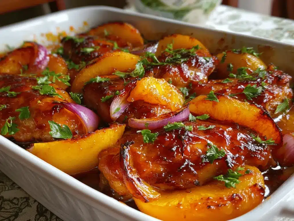 roasted peach BBQ chicken bake - featured image