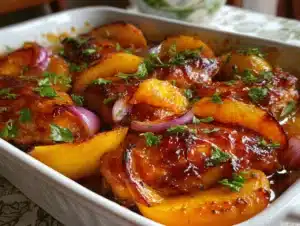 roasted peach BBQ chicken bake - featured image